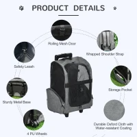 PawHut Dog Carrier Backpack Cat Stroller Pet Carrier with Wheels and Adjustable Handlebar, Portable Puppy Travel Bag, Grey(m-6)
