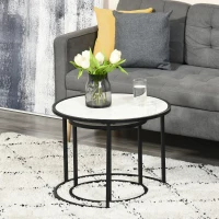 HOMCOM Set di 2 Tavolini da Salotto Rotondi Impilabili in Acciaio ed Effetto Marmo, Bianco(m-7)