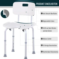 HOMCOM Duschstuhl mit Rückenlehne, Rutschfester Badestuhl, 8-stufig höhenverstellbar, Alu-Legierung, Weiß, 39,5 x 36,5 x 71-83,5 cm(m-6)