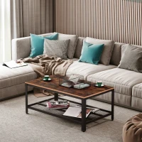 HOMCOM Industrial Coffee Table, 2-tier Coffee Table with Mesh Bottom Shelf and Steel Frame, Retro Living Room Table, Rustic Brown(m-7)