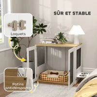 PawHut Cage pour chiens, table d'appoint, gamelles amovibles rotatives à 360° 2 portes pour chien moyenne 80x55x71,5cm blanc(m-6)