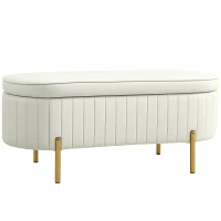 HOMCOM Banc de rangement, bout de lit en velours avec couvercle, pieds en métal, capacité 72 L, 108x44x43,5cm, crème(m-10)