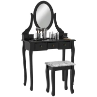 Tocador + Taburete y Espejo Mesa Maquillaje 5 Cajones Blanco Negro Mesa MDF NUE (Negro)(m-6)