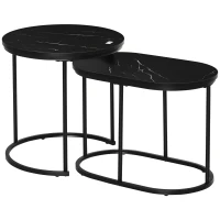 HOMCOM 2er-Set Couchtisch, Ovaler und runder Kaffeetisch, stapelbar, Marmoroptik, MDF, Metall, Ø50 x 50,5H cm, Schwarz(m-1)