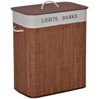 HOMCOM Cesto para Ropa Sucia de Bambú Capacidad de 100L Cesta para la Colada Rectangular con Tapa Extraíble Bolsa de 2 Compartimentos 52x32x63 cm Marrón(m-1)
