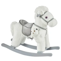 HOMCOM Caballito Balancín con Felpa con Osito de Peluche para Niños 18-36 Meses Caballo Mecedora Sonidos de Relincho y Galope Base de Madera Asiento 35 cm Carga 30 kg 65x26x55 cm Blanco(m-1)