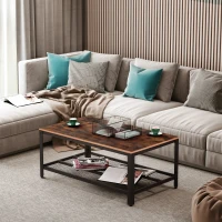 HOMCOM Industrial Coffee Table, 2-tier Coffee Table with Mesh Bottom Shelf and Steel Frame, Retro Living Room Table, Rustic Brown(m-4)