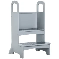HOMCOM Lernturm Tritthocker für Küche Schemel Stehender für Küchentheke Küchenhelfer mit 2 Stufen mehr Sicherheit Grau für 3-8 Jahre Kiefer 45 x 40 x 80 cm(m-1)