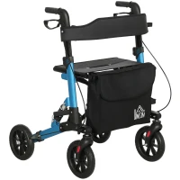 HOMCOM Folding Rollator Walker with Seat, Backrest, Lightweight Walking Frame with Storage Bag, Dual Brakes, Adjustable Handle Height, Suspension System, 4 Wheeled Walker for Seniors, Blue(m-10)