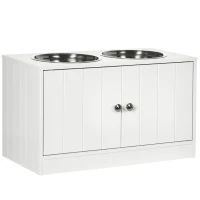 PawHut Comedouro Elevado para Cães Grandes com 2 Tigelas de 2000ml de Aço Inoxidável 2 Portas e Armazenamento 60x30x35,5cm Branco(m-10)