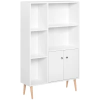 HOMCOM Bibliothèque scandinave meuble de rangement dim. 80L x 23,5l x 123H cm 5 niches placard 2 portes pieds effilés inclinés bois massif panneaux particules blanc(m-1)