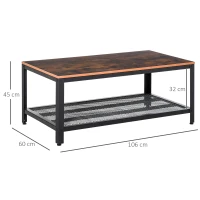 HOMCOM Industrial Coffee Table, 2-tier Coffee Table with Mesh Bottom Shelf and Steel Frame, Retro Living Room Table, Rustic Brown(m-3)