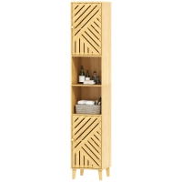 HOMCOM Badezimmerschrank, Aufbewahrungssäule, Bambustüren, verstellbare Regale, 32x30x170cm, Naturholz