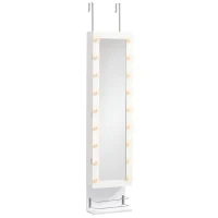 HOMCOM Hängender Schmuckschrank mit LED Spiegelschrank mit Schublade Regal Wandspiegel Türspiegel höhenverstellbar Weiß 130 cm hoch(m-1)