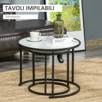 HOMCOM Set di 2 Tavolini da Salotto Rotondi Impilabili in Acciaio ed Effetto Marmo, Bianco(m-4)