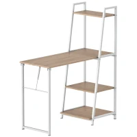 HOMCOM Schreibtisch klappbar mit 4 Tier Bücherregal, Computertisch, Bürotisch, E1 Spanplatte, Metallrahmen, Natur+Weiß, 106 x 48 x 128 cm(m-1)