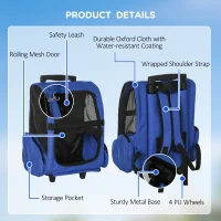 PawHut Pet Carrier on Wheels, 2 in 1 Pet Backpack Cat Puppy Dog Carrier w/ Telescopic Handle for Travel, Blue(m-6)