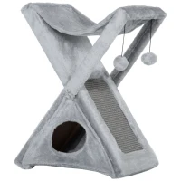 PawHut Two Tier Cat Tree for Indoor Cats Play Rest Plush Folding Relax Center w/ Scratching Post Hammock Pom Poms Grey(m-11)