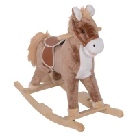 HOMCOM Kids Children Plush Rocking Horse Wooden Base Ride On Toy Rocker with Handle Grip Traditional Toy Fun Gift for Age 3+ (Brown & White)(m-1)