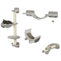 PawHut Juego de Escalada para Gatos de 4 Piezas Montado en la Pared con Hamaca Plataformas y Rascadores de Sisal Gris(m-10)