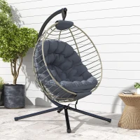 Outsunny PE Rattan Swing Chair, Outdoor Hanging Chair with Metal Stand, Thick Padded Cushion, Foldable Basket and Cup Holder, for Indoor and Outdoor, Grey(m-8)
