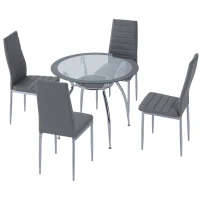 HOMCOM Conjunto de Refeição Mesa e 4 Cadeiras Conjunto de 5 peças Mesa Redonda de Vidro Temperado Ø90x75 cm e 4 Cadeiras 42x52x96 cm Cinza(m-12)