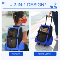 PawHut Pet Carrier on Wheels, 2 in 1 Pet Backpack Cat Puppy Dog Carrier w/ Telescopic Handle for Travel, Blue(m-4)