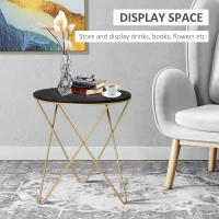 HOMCOM Round End Table, Sofa Side Table with Wood Grain Top and Metal Crossed Legs, Accent Coffee Table for Living Room, Bedroom, Black, Gold Tone(m-4)