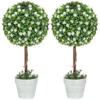 HOMCOM Set of 2 Decorative Artificial Plants, Ball Topiary Tree with Rose Flower in Pot, Fake Plants for Home Indoor Outdoor Decor, 60cm, White(m-1)