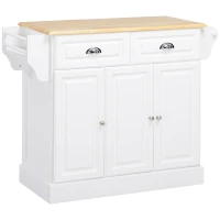 HOMCOM Kitchen Island with Storage Rolling Kitchen Serving Cart with Rubber Wood Top Towel Rack Storage Drawer Cabinet White(m-1)
