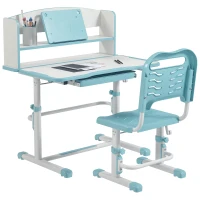 ZONEKIZ Escritorio Infantil Altura Ajustable con 1 Cajón 1 Estante y Ángulo de Mesa Ajustable 80x54,5x82-104 cm Azul y Blanco(m-10)