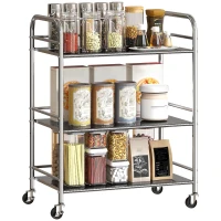 HOMCOM Carrito Auxiliar con Ruedas de Acero Inoxidable Carro de Servicio de 3 Niveles con Estante Ajustable 60x35x77 cm Plata(m-10)