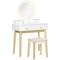 HOMCOM Dressing Table Set with Mirror, Built-in 3 Color LED Light, Vanity Makeup Table with 4 Drawers and Cushioned Stool for Bedroom, White(m-1)
