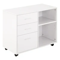HOMCOM Mobile Lateral Filing Cabinet, Printer Stand with Wheels, 3 Drawers and 2 Open Shelves, for Home Office, White(m-1)