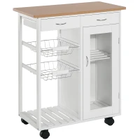 HOMCOM Chariot de service desserte de cuisine à roulettes multi-rangements 70L x 37l x 85H cm plateau bois massif bambou pin blanc(m-1)