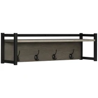 HOMCOM Wall-Mounted Coat Rack, Floating Hanging Shelf with 4 Coat Hooks and Open Shelf, Keyholder for Hallway, Mud Room, Grey(m-10)