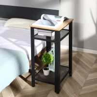 HOMCOM Industrial Side Table, 3-tier End Table with 2 Mesh Shelves and Metal Frame, Bedside Nightstand for Bedroom, Oak(m-7)