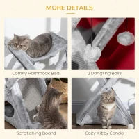 PawHut Two Tier Cat Tree for Indoor Cats Play Rest Plush Folding Relax Center w/ Scratching Post Hammock Pom Poms Grey(m-7)