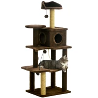 PawHut 136cm Cat Tree for Indoor Cats, Modern Cat Tower with Scratching Posts, house, Platforms, Toy Ball - Brown(m-10)