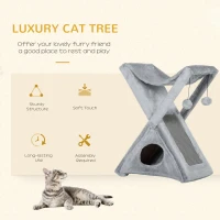 PawHut Two Tier Cat Tree for Indoor Cats Play Rest Plush Folding Relax Center w/ Scratching Post Hammock Pom Poms Grey(m-4)