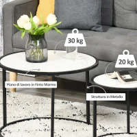 HOMCOM Set di 2 Tavolini da Salotto Rotondi Impilabili in Acciaio ed Effetto Marmo, Bianco(m-5)
