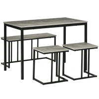 HOMCOM Essgarnitur, 4-teilig, Tisch, 2 Hocker und Bank, kompakt, Metallrahmen, Grau(m-10)
