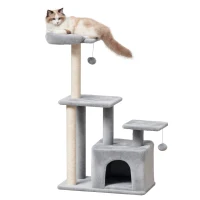 PawHut Árbol Rascador para Gatos Altura 114 cm con Postes de Sisal 3 Plataformas Casita y 2 Bolas Colgantes Gris Claro(m-10)