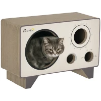 PawHut Griffoir pour chat en forme de radio avec herbe à chat, maison 2 en 1 carton ondulé pour chat chaton 57 x 24,5 x 39 cm(m-10)