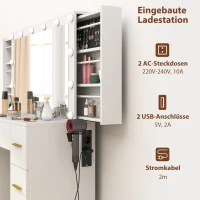 HOMCOM Schminktisch mit Spiegel und 12 LED-Lichtern, Frisiertisch mit 7 Schubladen, 6 versteckte Staufächer, Spanplatte, Weiß(m-5)