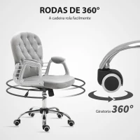 Vinsetto Cadeira de Escritório Estofada em Veludo Cadeira Giratória com Altura Ajustável e Decorações de Cristal 59,5x60,5x95-105 cm Cinzenta(m-6)