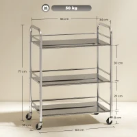 HOMCOM Carrito Auxiliar con Ruedas de Acero Inoxidable Carro de Servicio de 3 Niveles con Estante Ajustable 60x35x77 cm Plata(m-3)
