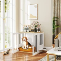 PawHut Hundekäfig, Beistelltisch, abnehmbare drehbare Näpfe 360°, 2 Türen für mittelgroße Hunde 80x55x71,5cm weiß(m-2)