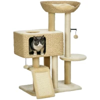 PawHut 95cm Cat Tree Tower for Indoor Cats, with Scratching Post, Cat House, Toy Ball, Platform - Beige(m-10)