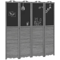 HOMCOM Biombo Separador de Ambientes Plegable de 4 Paneles de Madera con Pizarras para Dormitorio 162x172 cm Gris(m-10)
